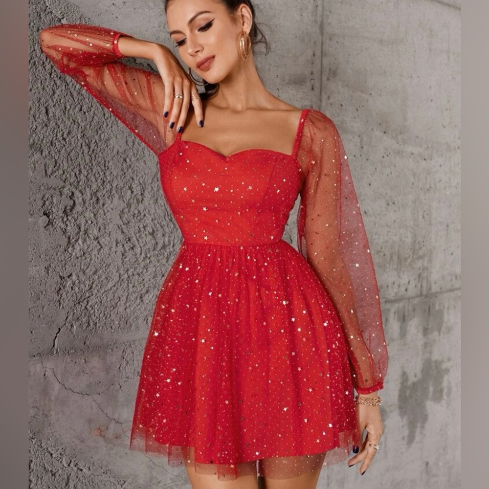Starry Red Dress ❤️✨ Sheer Long Sleeves, Dreamy Star & Moon Pattern, Party Dress